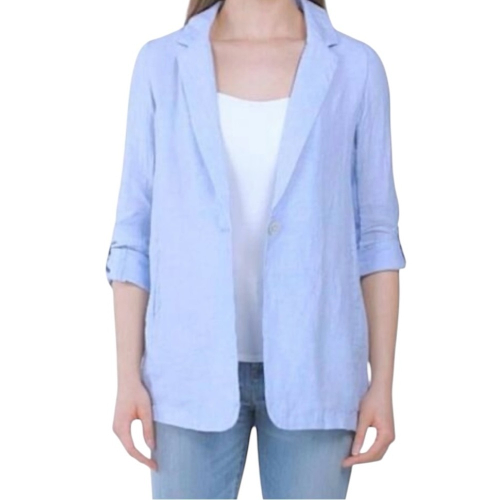 H Halston 100% Linen Notch Collar Boyfriend Blazer Jacket Top Light Blue Size XS
